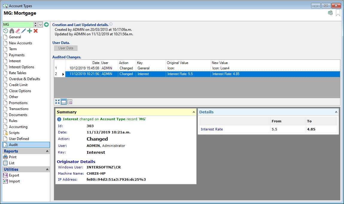 Account Types, Floating Rate Loan, Audit