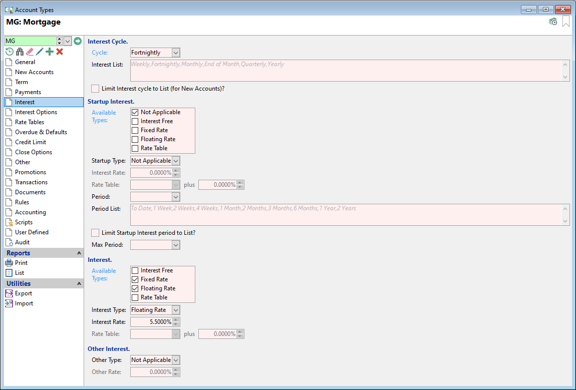 Account Type Form, FRL, Interest Page