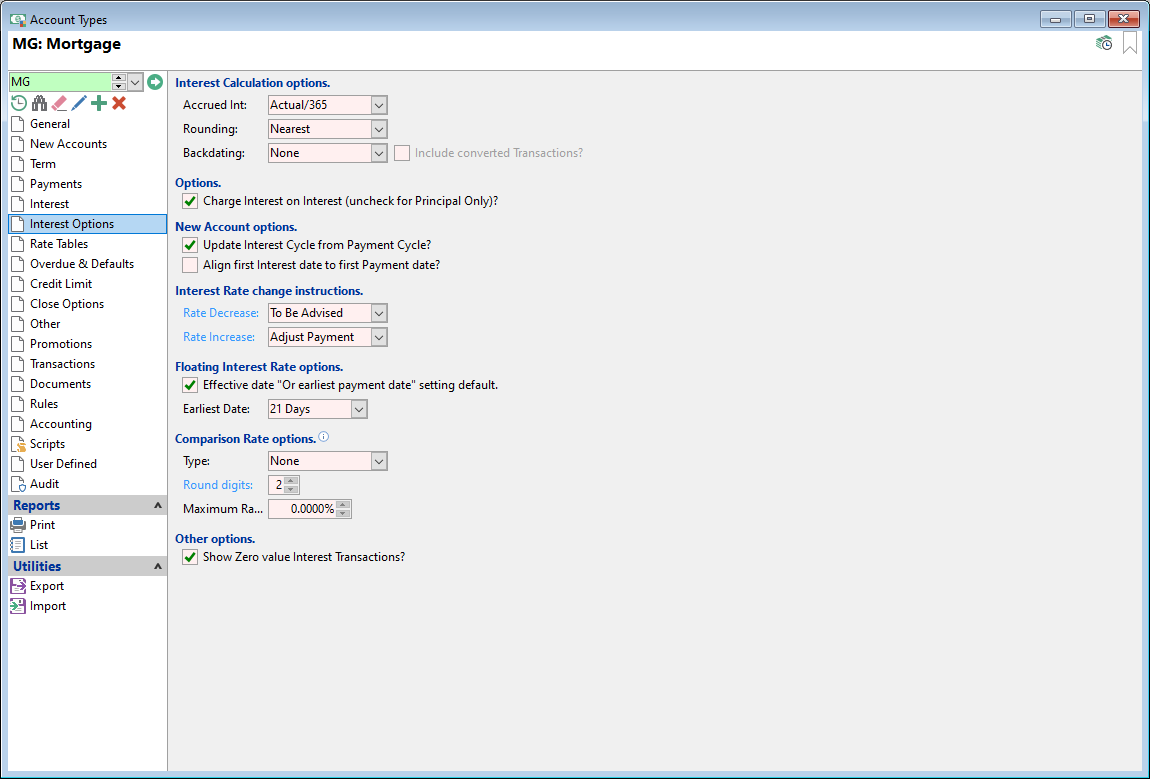 Account Type, FRL, Interest Options