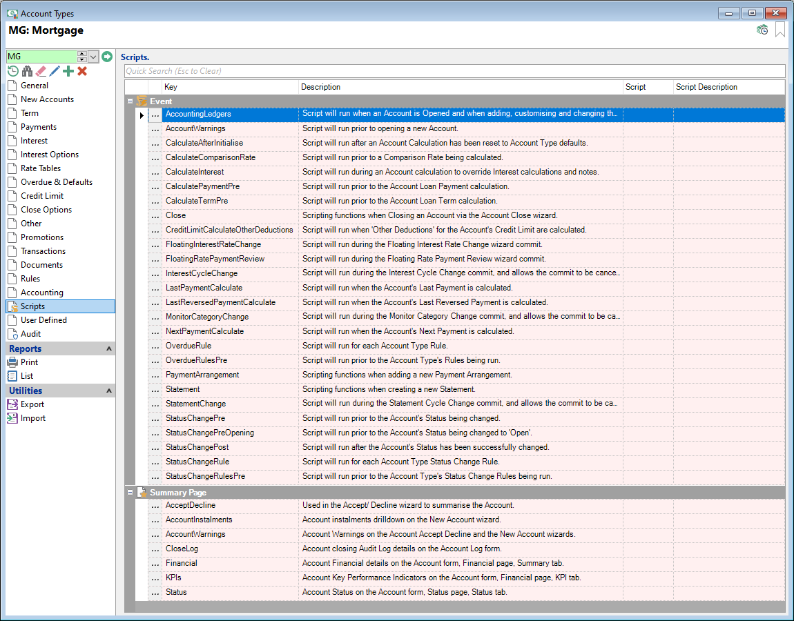 Account Types Form, Floating Rate Loan, Scripts
