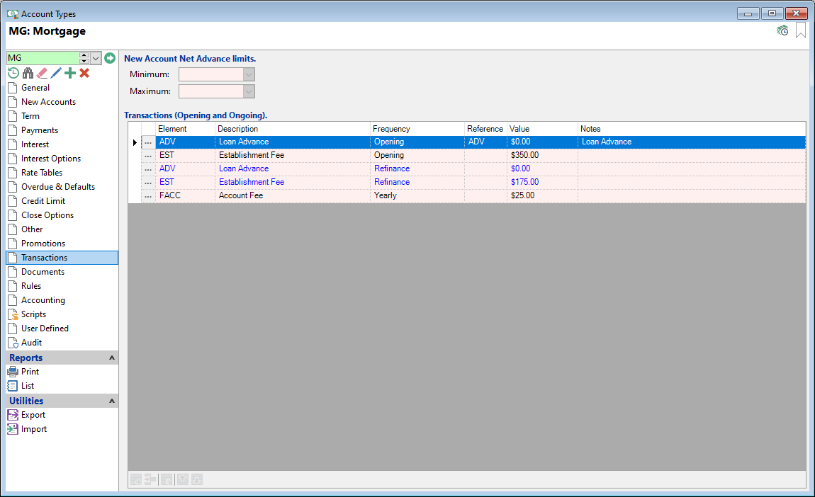 Account Type Form, Floating Rate Loan, Transaction