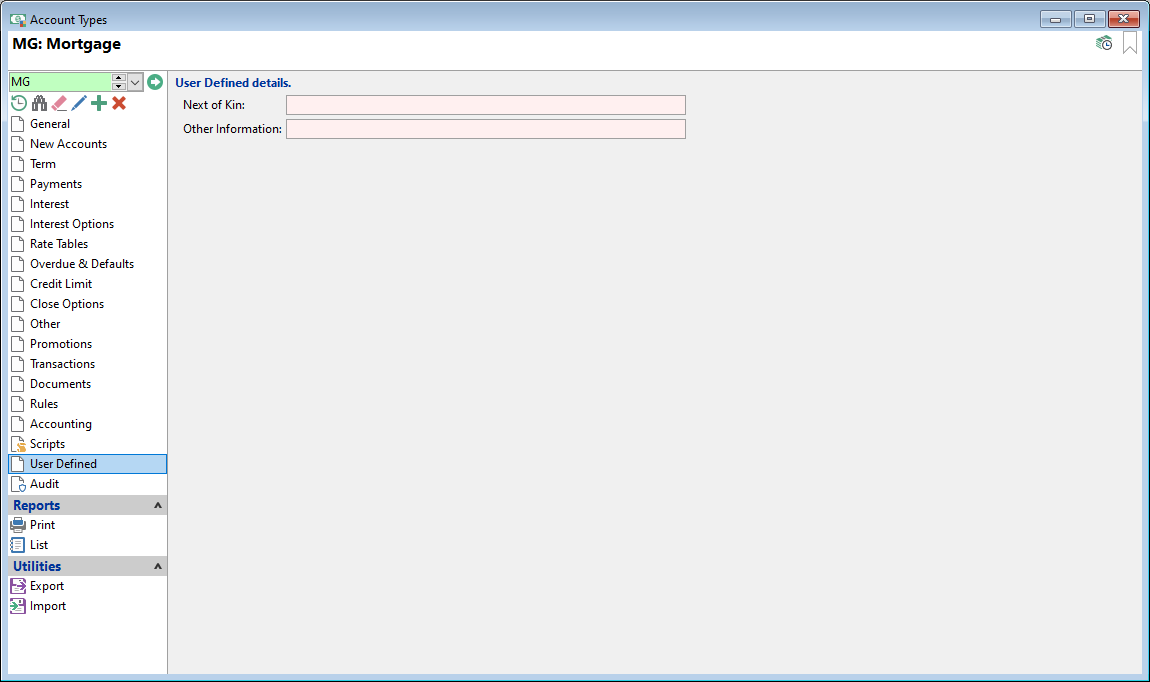 Account Types Form, Floating Rate Loan, User Defin