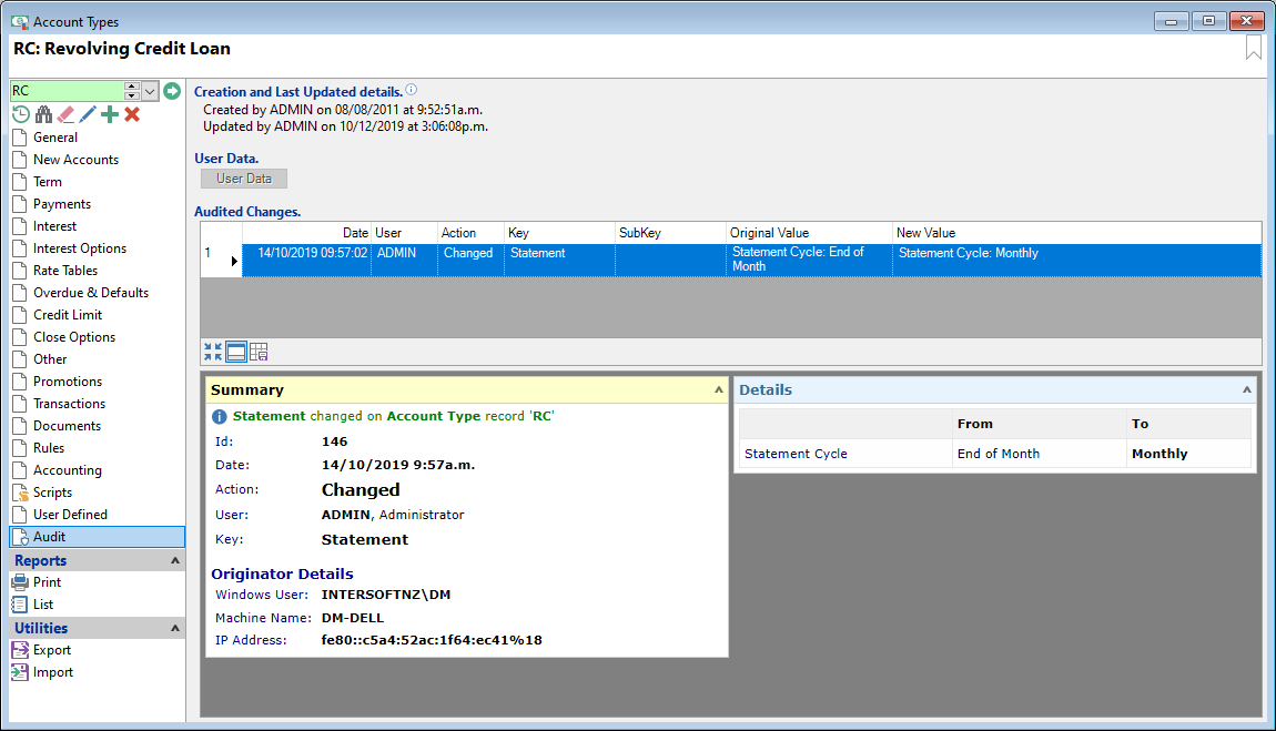 Account Types, Revolving Credit Loan, Audit