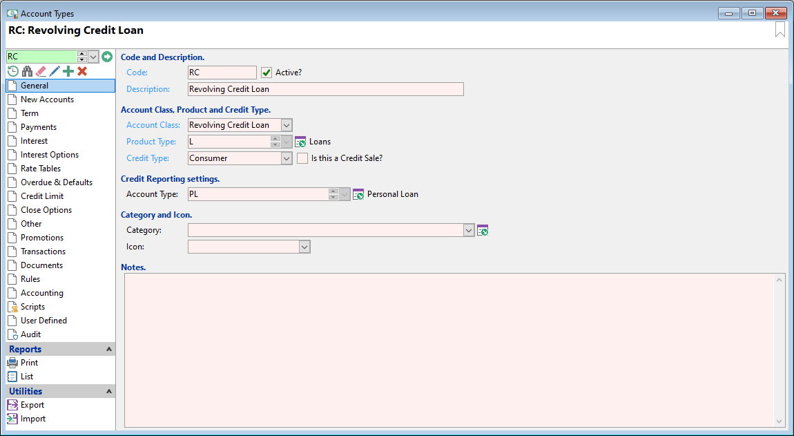 Account Type Form, Revolving Credit, General