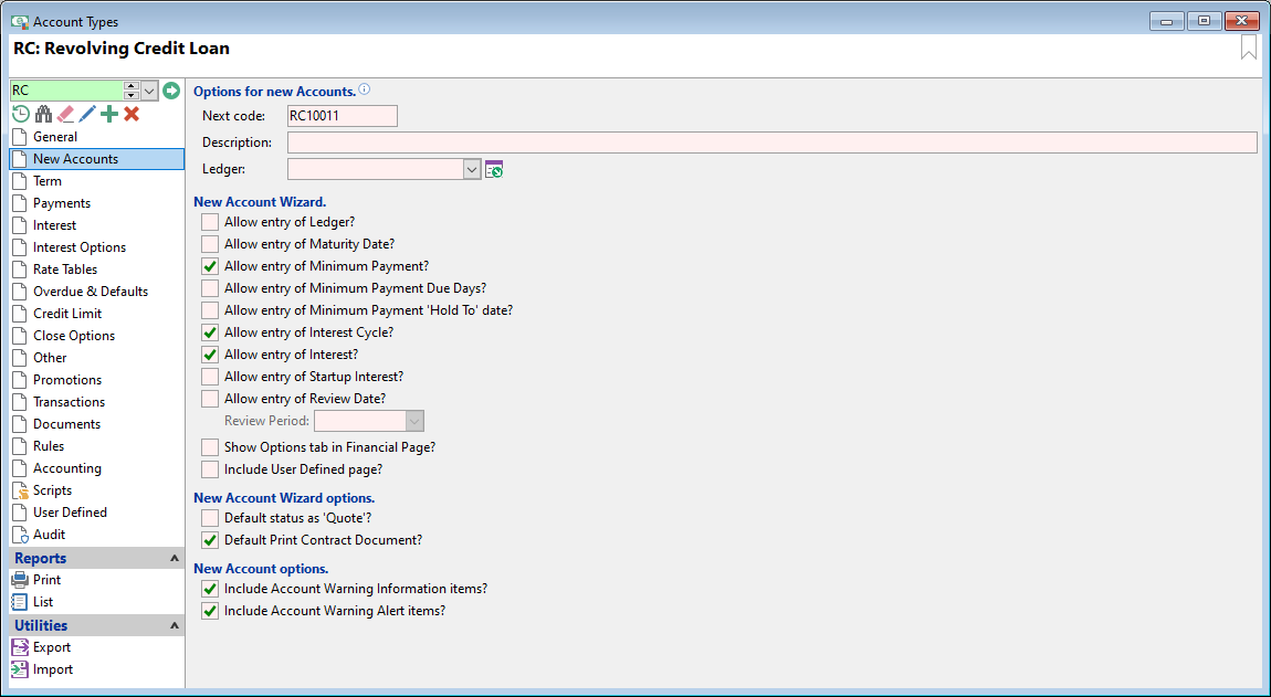 Account Type Form, Revolving Credit, New Acc