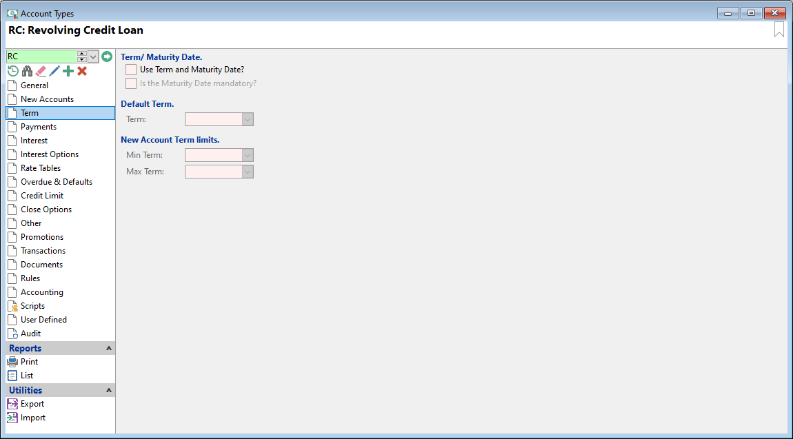 Account Type Form, Revolving Credit, Term