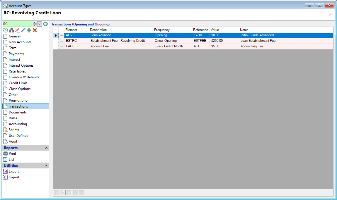 Account Type Form, Revolving Credit, Transactions