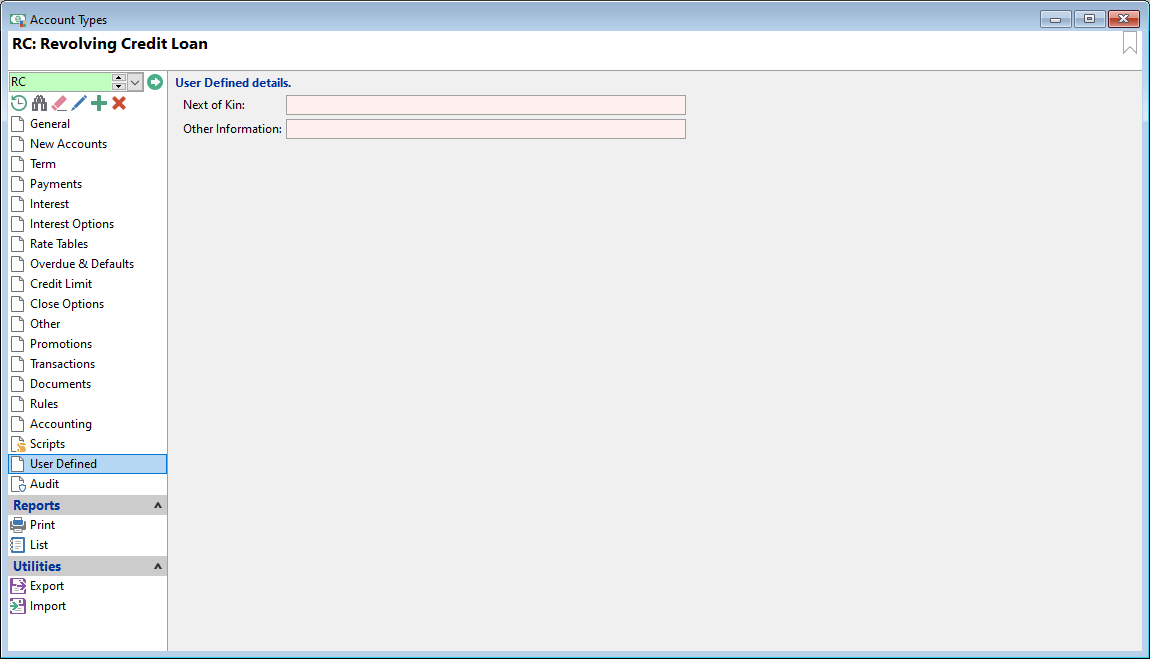 Account Types Form, User Defined