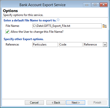 New Bank Account Export Service, Options Page