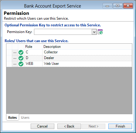 New Bank Account Export Service, Permission Page