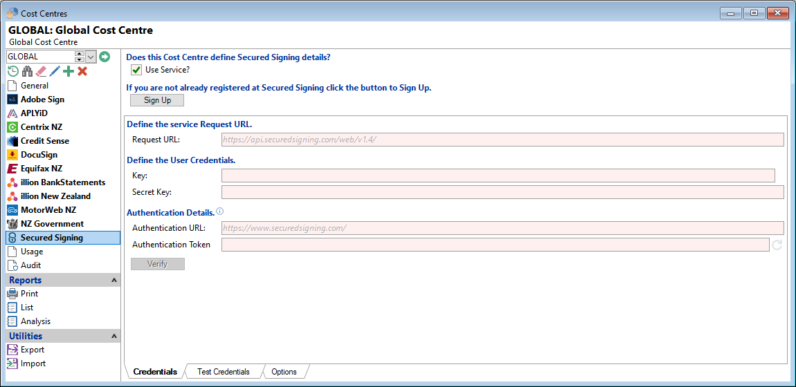 Cost Centres, Secured Signing, Credentials Page
