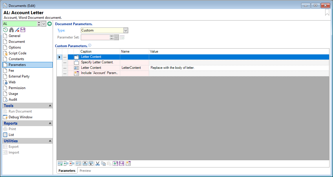 Documents, Parameters