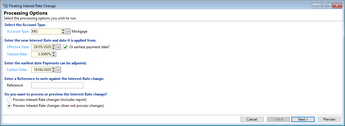 Interest Rate Change, Processing Options