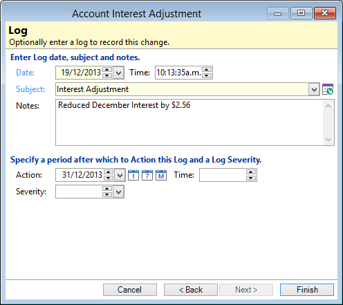 Interest Adjustment wizard, Log