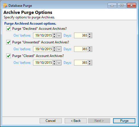 Purge Database, Purge Archive Options