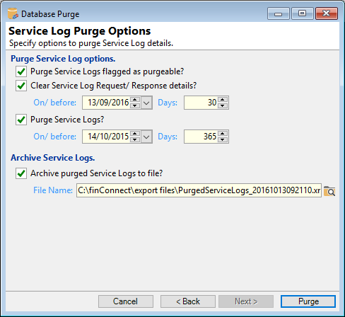 Purge Database, Purge Service Log Options