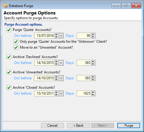 Purge Database, Purge Account Options