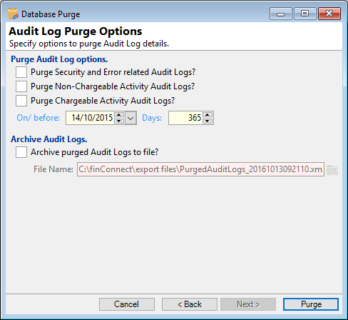 Purge Database, Purge Audit Log Options