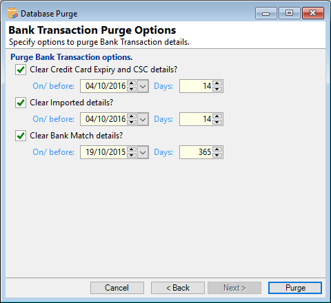 Purge Database, Purge Bank Transaction Options