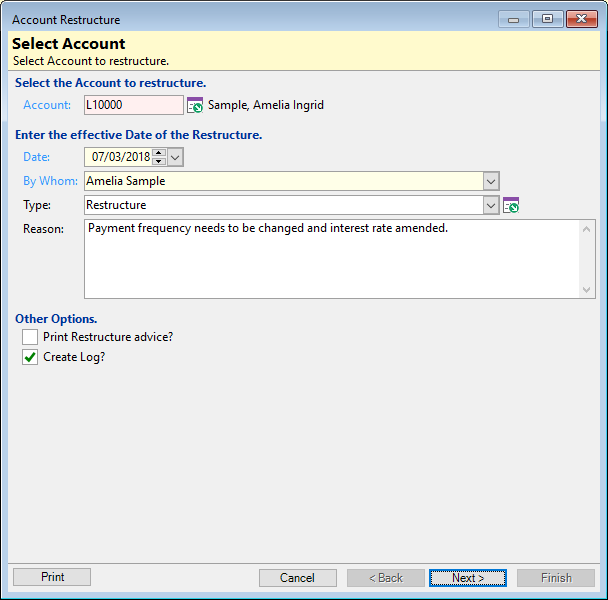 Restructure Account wizard, Select Account to Rest