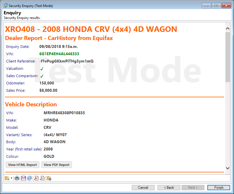 Security Enquiry, CarHistory Enquiry Results