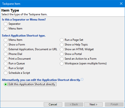 Taskpane, Adding an Item, Item Type