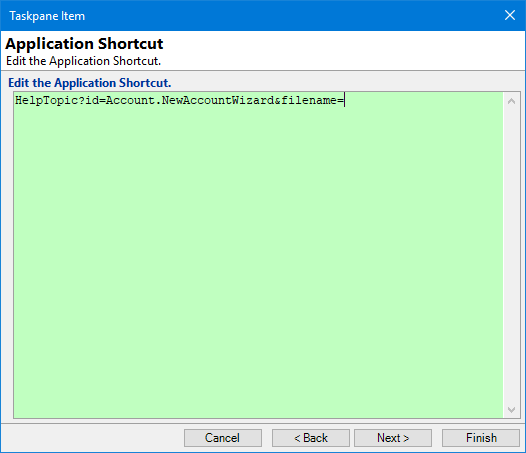 Taskpane Item, Edit Application Shortcut direc